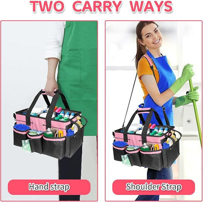 Boczif Cleaning Caddy Bag Wearable, Cleaning Caddy Supplies Organizer with Handle, Shoulder Straps & Detachable Divide, Cleaning Tool Organizers Tote Bag for Cleaners & Housekeepers(Pink)