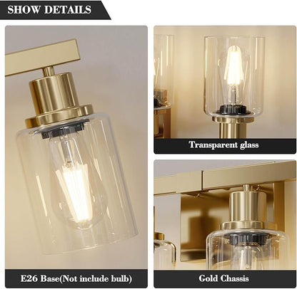 DIKAIDA 2-Light Brushed Gold Vanity Lights for Bathroom, Brushed Gold Bathroom Light Fixtures, Modern Vanity Lighting Over Mirror with Clear Glass Shade, Farmhouse Bath Wall Lamp for Mirror