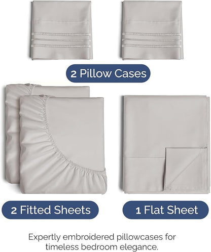 Split King Size 5 Piece Sheet Set - Comfy Breathable & Cooling Bed Sheets Set - Hotel Luxury Bedding for Women, Men, Kids, Teens, Boys & Girls - Deep Pockets and Wrinkle Free - Oeko-Tex - Light Grey