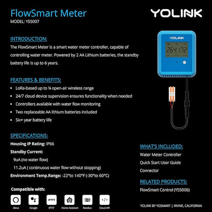 YoLink FlowSmart NSF Water Meter, Smart Water Usage Monitor and Water Leak Detection: 0.75 Inch Advanced Smart Home Water Meter, Hub Included, YS1603+YS5007