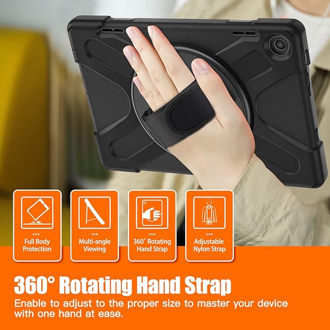 Junfire Shockproof Case for Lenovo Tab M10 3rd Gen 10.1 inch 2022, Heavy Duty Rugged Case with Hand Strap/360°Rotating Kickstand/Shoulder Belt for TB-326FU/TB-328XU,Black