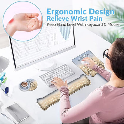 Keyboard Wrist Rest + Mouse Pad Wrist Support Set with Coasters, Non-Slip PU Base Ergonomic Mousepad for Home Office Working Studying Easy Typing & Pain Relief, Bible Verse Phil 4:13