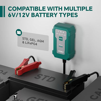 VEBU Motorcycle Trickle Charger 800mA Smart Battery Charger & Maintainer - Automatic for 6V/12V Lead Acid/Lithium Batteries, Plug & Play for Car Motorcycle Boat RV