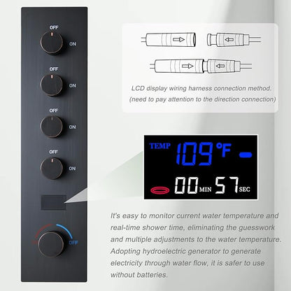 KATAIS Temperature Display Oil Rubbed Bronze Shower System, Push Button Shower Faucet with Handheld Spray, Ceiling Mount 12 Inch and 8 Inch Wall Mount Shower Head, 6 PCS Body Jet
