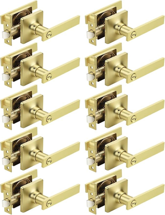 Mengico 10 Pack Gold Privacy Lever Door Handle Interior with Lock, Heavy Duty Square Door Lock for Bed/Bath, Keyless Door Locksets, Reversible for Left Right Handed Doors