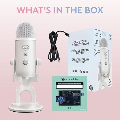 Logitech Creators Blue Yeti USB Microphone for Gaming, Streaming, Podcast, YouTube, Discord, PC, Studio Sound, Plug & Play-White Mist
