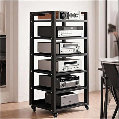 Dernoing 6 Tier Audio Rack Tower, CD Record Player Stereo Receiver AV Equipment Cabinet Display Rack, Weight Capacity 661 lbs, with Adjustable Wooden Shelves for Home (6 Tier Black)