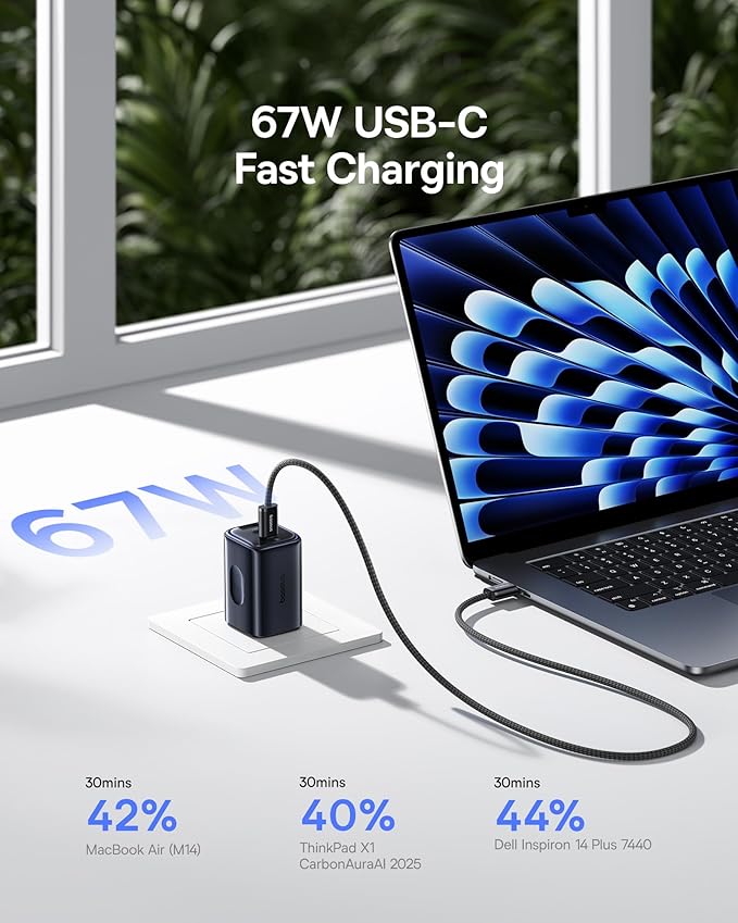 Baseus PICOGO 67W USB C Charger, 3 Port Fast Charging Block with Foldable Plug, PD/PPS for MacBook Air/Pro, iPhone 16/15 Series, Galaxy S25/24, Airpods 4 & More