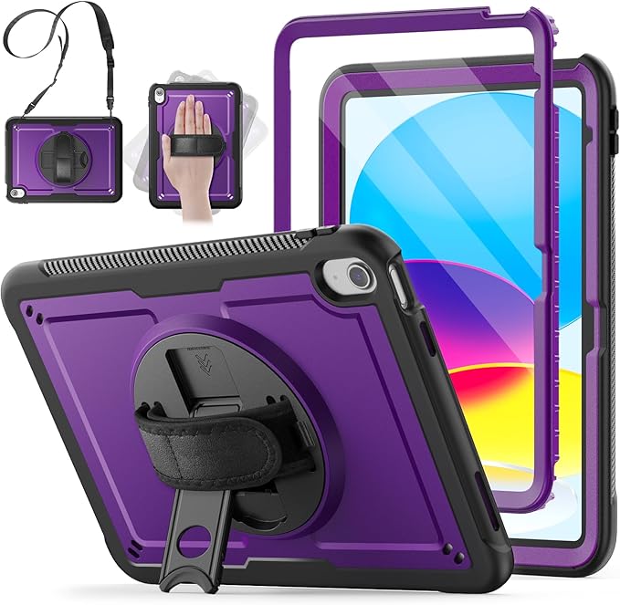 SCSVPN Case for iPad (A16) 11th Generation 11 Inch 2025 / 10th Generation 10.9 Inch 2022, Shockproof Protective Case with Screen Protector, Pencil Holder, Rotating Stand, Hand/Shoulder Strap - Purple