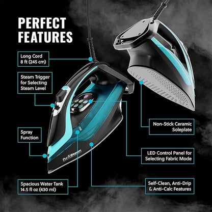 PurSteam SteamTech Elite 1750W Steam Iron, Digital Temp Control & LED Display, Ceramic Soleplate, Adjustable Steam, Self-Clean, Anti-Calc, Anti-Drip, Auto Shut-Off