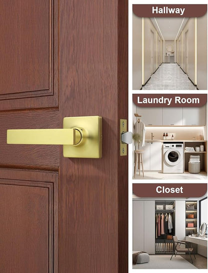 Mengico 8 Pack Passage Door Levers Gold Finish, No-Locking Keyless Square Door Knob, Interior Door Handles for Closet and Hallway, Reversible for Left & Right Handed