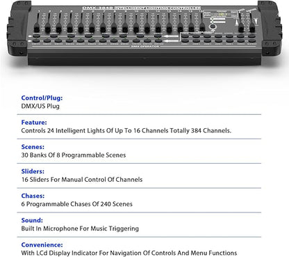Wiwreenm DJ Controller 384CH Fog DMX-512 DJ Controller Support 30 Banks 8 Scenes 24 fixtures Stage Lighting Console for Program Editing of DJ Lights Show Bar Club Live