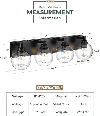 METWET Bathroom Light Fixtures, 4 Light Matte Black Vanity Light, 26 Inch Modern Wall Sconces with Globe Clear Glass Shade, Vanity Lighting Fixtures Over Mirror, VL195-MB-CL-4
