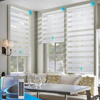 DENFOON Motorized Zebra Blinds, Solar Powered Dual Layer Automatic Shades with Remote Control, Rechargeable Smart Blinds Horizontal Wireless Electric Shades for Windows, Custom Size, White， 30 x 72