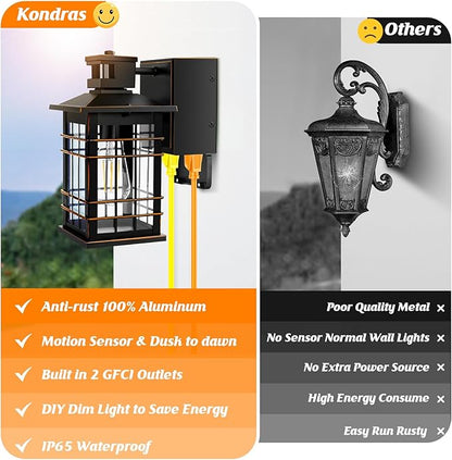 Porch Lights with GFCI Outlet, 2-Pack Motion Sensor Dusk to Dawn Waterproof Outdoor Lights, 3 Modes Oil-Rubbed Bronze Exterior Light Fixtures Wall Mount, Outside Wall Lanterns for Front Door House