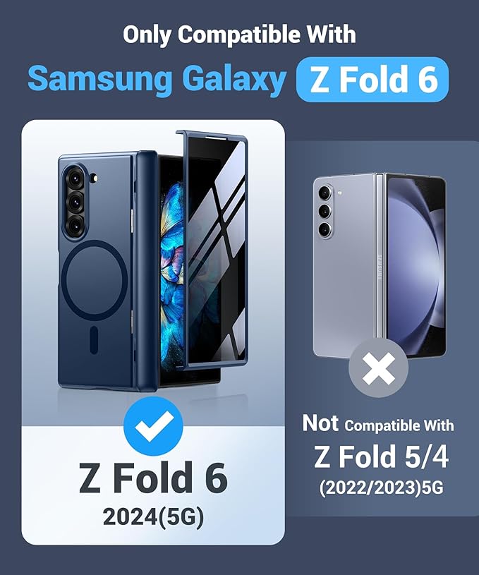 BERFY Magnetic for Samsung Galaxy Z Fold 6 Case with Privacy Screen Protector, [Compatible with MagSafe][Anti Spy] Built-in Hidden Kickstand, Full-Body Shockproof Slim Phone Case for Z Fold 6, Blue