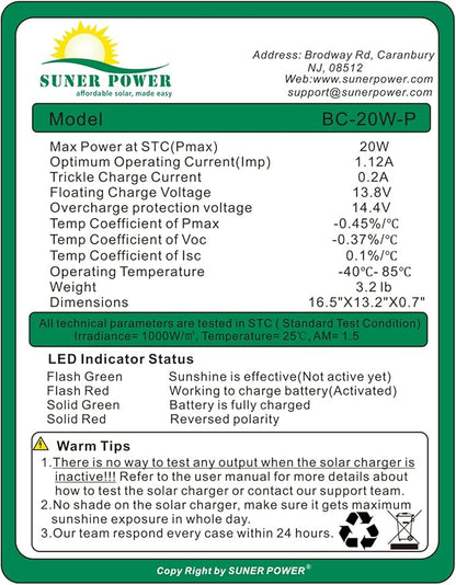 SUNER POWER 20W 12V Solar Battery Charger Maintainer, Built-in Smart MPPT Charge Controller, Adjustable Mount Bracket, Waterproof 20 Watt Solar Panel Kits for Car Automotive Boat Marine RV Trailer