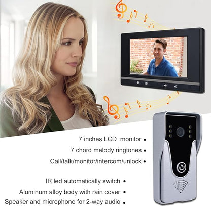 Wired Video Intercom System, 7 Inch Monitor and Aluminum Alloy Doorbell Camera, 2-Way Intercom Audio Video Doorbell Intercom Kits, Support Monitoring, Unlock indoor/outdoor for Home Security System
