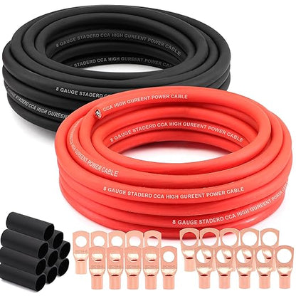 8 Gauge Wire (25ft Each - Red/Black) Copper Clad Aluminum CCA - Primary Automotive Wire,Car Amplifier Power & Ground Cable, 20PCS Lugs Terminal Connectors,20PCS 2:1 Heat Shrink Tubing