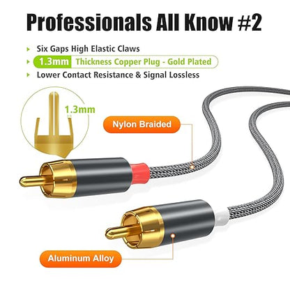 AGVEE 25ft RCA Cable, 2 RCA Male Thickened Six Claws Plug Stereo Auxiliary Audio Cord for Home Theater, Amplifier, Active Speakers or Subwoofer, Gray
