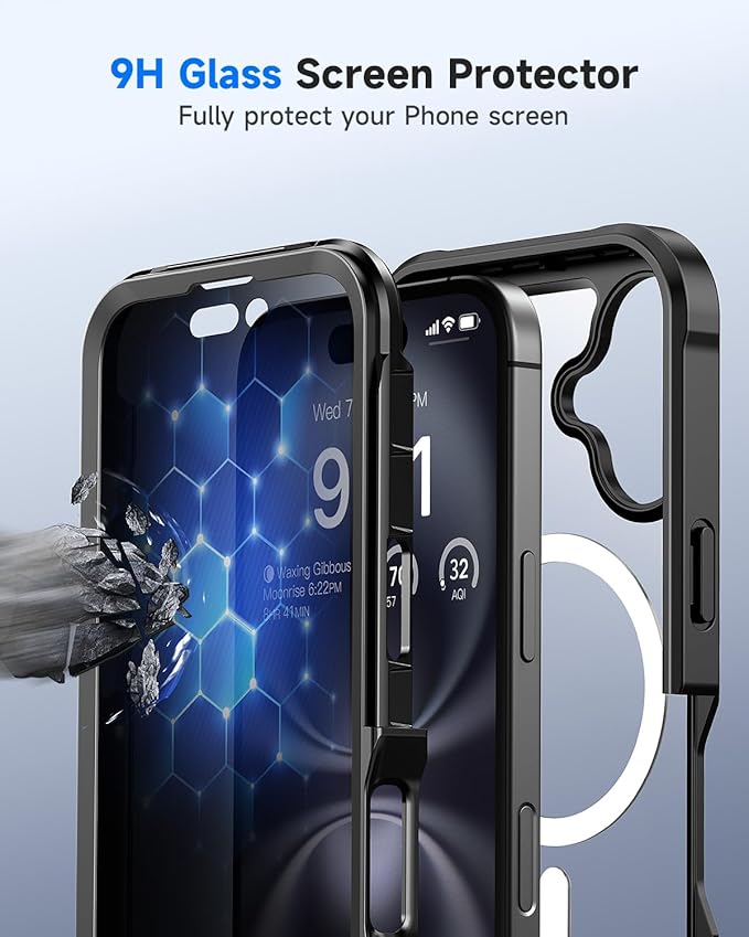 seacosmo for iPhone 16 Case, Full Body Bumper with Built-in 9H Tempered Glass Privacy Screen Protector and Camera Lens Protector, Compatible with MagSafe, Shockproof Phone Cover, 6.1", Black