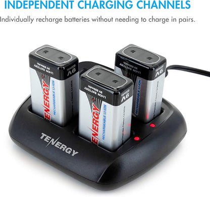 Tenergy TN294 4-Bay 9V Li-ion Battery Charger + 4pcs 9V 600mAh Li-ion Rechargeable Battery