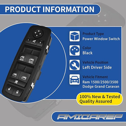 AMICAREP Master Power Window Switch Driver Side Compatible with 2012-2015 Dodge Grand Caravan Ram 1500 2500 3500 Chrysler Town & Country Replaces# 68110867AB (9+3 Pin; w/Power Folding Mirror; 4 Door)