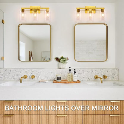SOPEAS Gold 3-Light Bathroom Vanity Light, Modern Brushed Gold Vanity Lights with Clear Glass Shades, Bathroom Wall Sconce Lamp for Mirror Living Room Bedroom Hallway