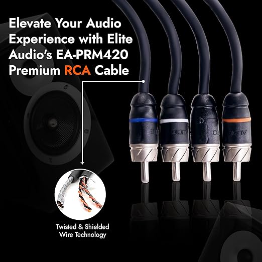 Elite Audio Premium Series 20ft. 4-Channel Car Audio RCA Cable – Double Shielded, Oxygen Free Copper, Noise Reducing Audio Cable for Amplifiers, Subwoofers, Speakers, and Processors – PRM420