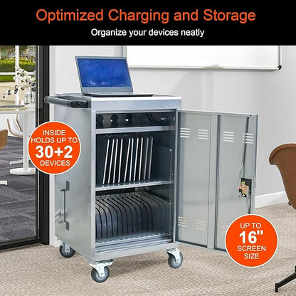 Aokleo 32 Devices Laptop Charging Cart, Tablet Storage Carts for Pad Up to 16.3" Screen Size, Classroom Computer Mobile Charging Station for Pads,Chromebooks,Laptops,Security Storage (Silver)