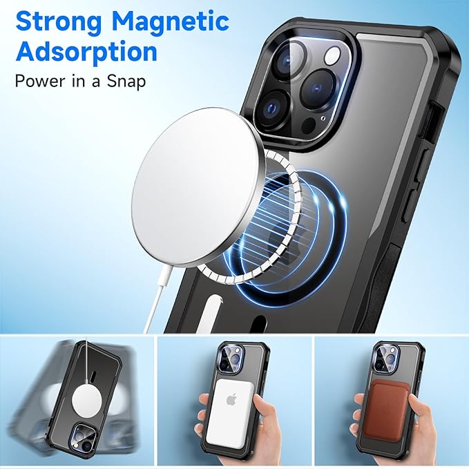 seacosmo for iPhone 14 Pro Case, Full Body Bumper with Built-in 9H Tempered Glass Privacy Screen Protector and Camera Lens Protector, Compatible with MagSafe, Shockproof Phone Cover, 6.1", Black