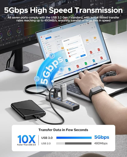 ORICO 7-Port USB 3.0 Hub, Aluminum USB Multiple Adapter, 5Gbps USB Extender USB Splitter with 3.28Ft Cable, UBS-A Hub Long Cable for Desktop, PC, Flash Drive, Mobile HDD, Windows/XPS