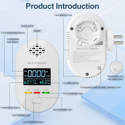 4-in-1 Natural Gas Leak Detector & Carbon Monoxide Detectors, Plug in CO and Natural Gas Detector with Temperature Humidity Display, Combination Gas Detector, CO, Propane, LPG, Explosive Gas Alarm