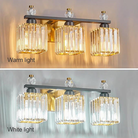 FDPBY 3-Light Modern Crystal Vanity Light - Black Gold Bathroom Light Fixtures Over Mirror