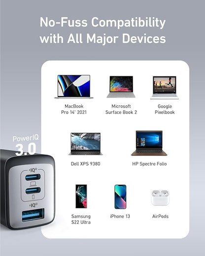 Anker USB C Charger(Nano II 65W), PPS 3-Port Fast Compact Foldable Wall Charger for MacBook Pro/Air, iPad Pro, Galaxy S20, Dell XPS 13, Note 20/10+, iPhone 16/16 Pro, Steam Deck, and More