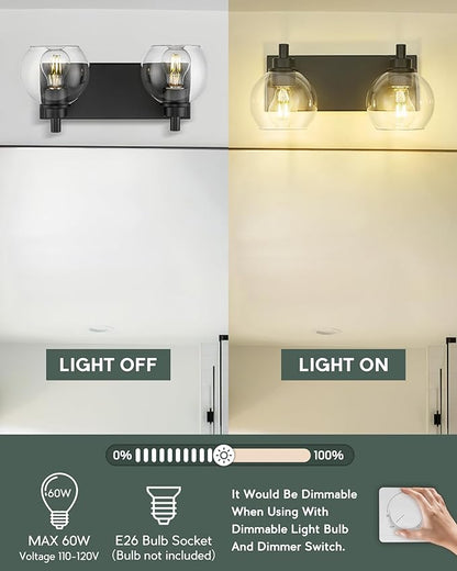 METWET Bathroom Light Fixtures, 2 Light Matte Black Vanity Light, Modern Wall Sconces with Clear Glass Globe Shade, Bathroom Wall Lights Over Mirror Kitchen Bedroom Hallway, VL195-MB-2