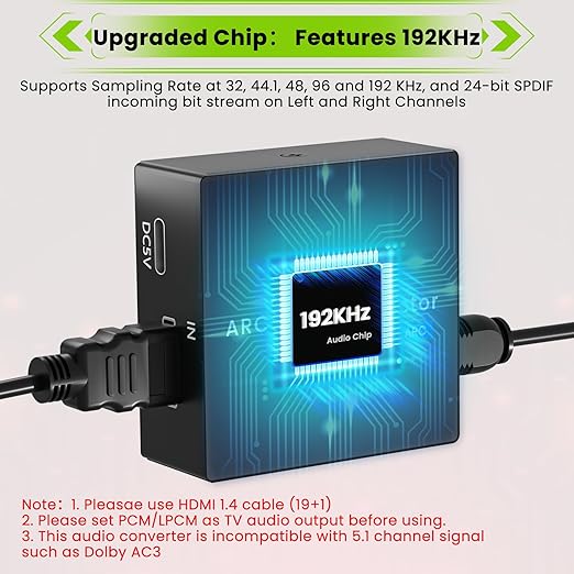 192KHz ARC Audio Extractor, HDMI ARC to Toslink/Optical+3.5mm AUX Output, HDMI to Optical Audio Adapter with Optical Cable, ARC to RCA Audio Converter for TV Amplifier Speaker/Soundbar/Headset
