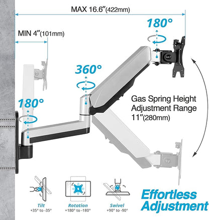 AVLT Single Extended 13"-32" Wall Mount - Curved/ Flat Monitor, Full Motion Height Swivel Tilt Rotation Adjustable Arm - VESA/Cable Management