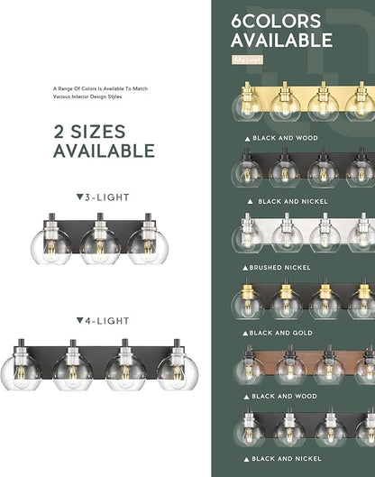 METWET Bathroom Light Fixtures, 3-Light Black and Brushed Nickel Bathroom Vanity Light, Modern Wall Sconces with Globe Clear Glass Shade, Vanity Lighting Fixtures Over Mirror, VL195-KN-3