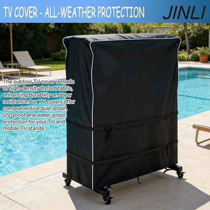 JINLI 60-65 inch outdoor TV trolley cover, courtyard TV cover, Oxford fabric waterproof and dustproof, triple windproof design, compatible with rolling/mobile stand
