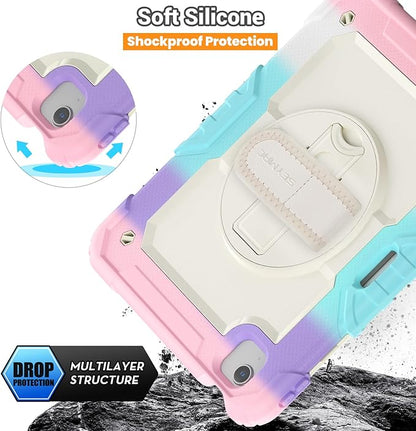 SEYMAC for iPad Air 5th/ 4th Generation Case 10.9", Full-Body Shockproof Protective Case with Screen Protector, Rotating Stand/Handle/Shoulder Strap/Pencil Holder for iPad Air 5/ Air 4, Colorful/Pink