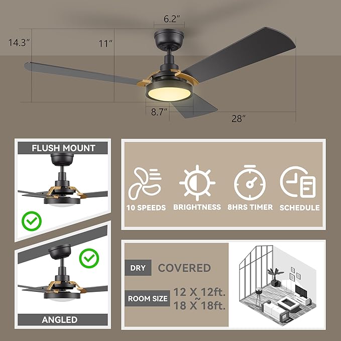 SMAAIR 56 Inch Smart Wifi Ceiling Fans with Dimmable LED Lights and Remote, Compatible with Alexa/Google Home/Siri/APP, Outdoor DC Fans with 10 Speeds, Timer/Schedule,Black/Gold