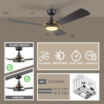 SMAAIR 56 Inch Smart Wifi Ceiling Fans with Dimmable LED Lights and Remote, Compatible with Alexa/Google Home/Siri/APP, Outdoor DC Fans with 10 Speeds, Timer/Schedule,Black/Gold