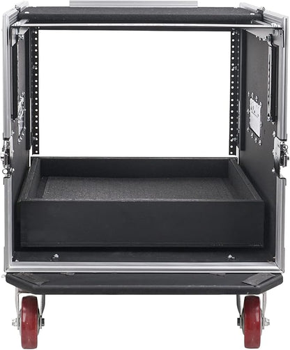 Sound Town 10U PA DJ Pro Audio Rack/Road ATA Case with 2U Drawer, 11U Slant Mixer Top, DJ Work Table, Casters, Pro Tour Grade (MR-DR10U)