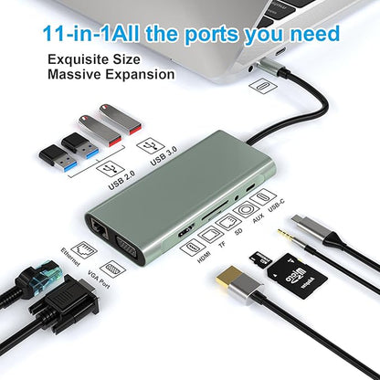 Vrebrey USB C Hub 11-in-1 Docking Station, Type-C Multiport Adapter with 4K HDMI, VGA, 100W PD, USB 3.0, RJ45 Ethernet, SD/TF Card Reader, AUX, Compatible with MacBook Pro/Air, Chromebook, Laptops