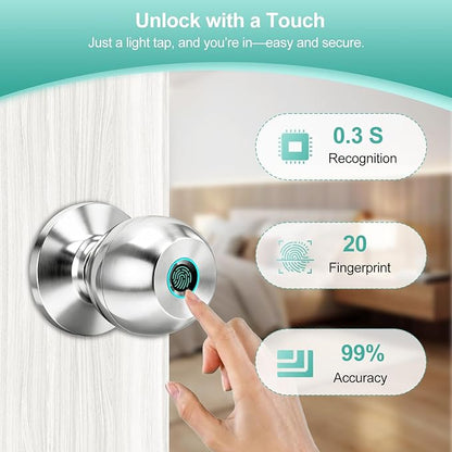 UMIK UMIKSMART Fingerprint Door Lock, Smart Door Knob, Keyless Entry Door Lock with App Control, Thumbprint Door Knob with Backup Key, Suitable for Home, Bedroom, Apartments, Garage, Office - Sliver