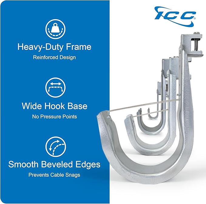 ICC Beam Clamp J Hook 1 5/16” Without Retainer Clip - Galvanized Steel Cable Management Hooks for Hanging Cable to Beams - Rust-Resistant, EIA and TIA Compliant - 1 5/16 Inch 25 Pack