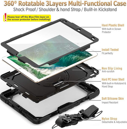 SEYMAC stock Case for iPad Air 3 2019 / Pro 10.5'' with Screen Protector Pen Holder [360° Rotate Hand Strap/Stand], Drop-Proof Case (Black)