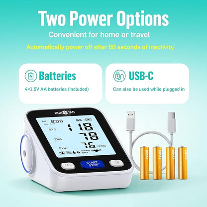 RunStar Upper Arm Blood Pressure Monitor with Wide Range Cuff (8.6'' -16.5'') for Home Use FSA&HSA Eligible, Automatic Digital BP Machine with Storage Bag, 2x99 Reading Memory