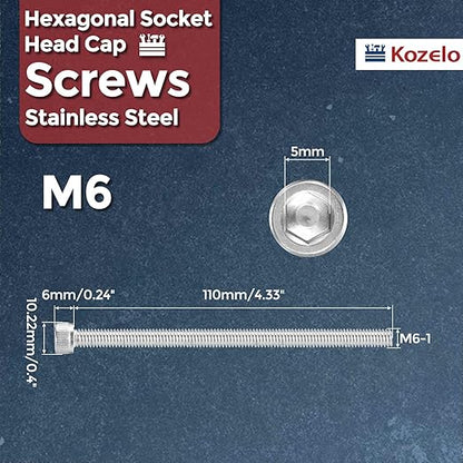 Kozelo 5pcs Socket Head Cap Screws - [M6-1 x 110mm] 304 Stainless Steel Allen Socket Drive for Electrical Motor 3D Printing Fan Engine Replacement Use, Silver
